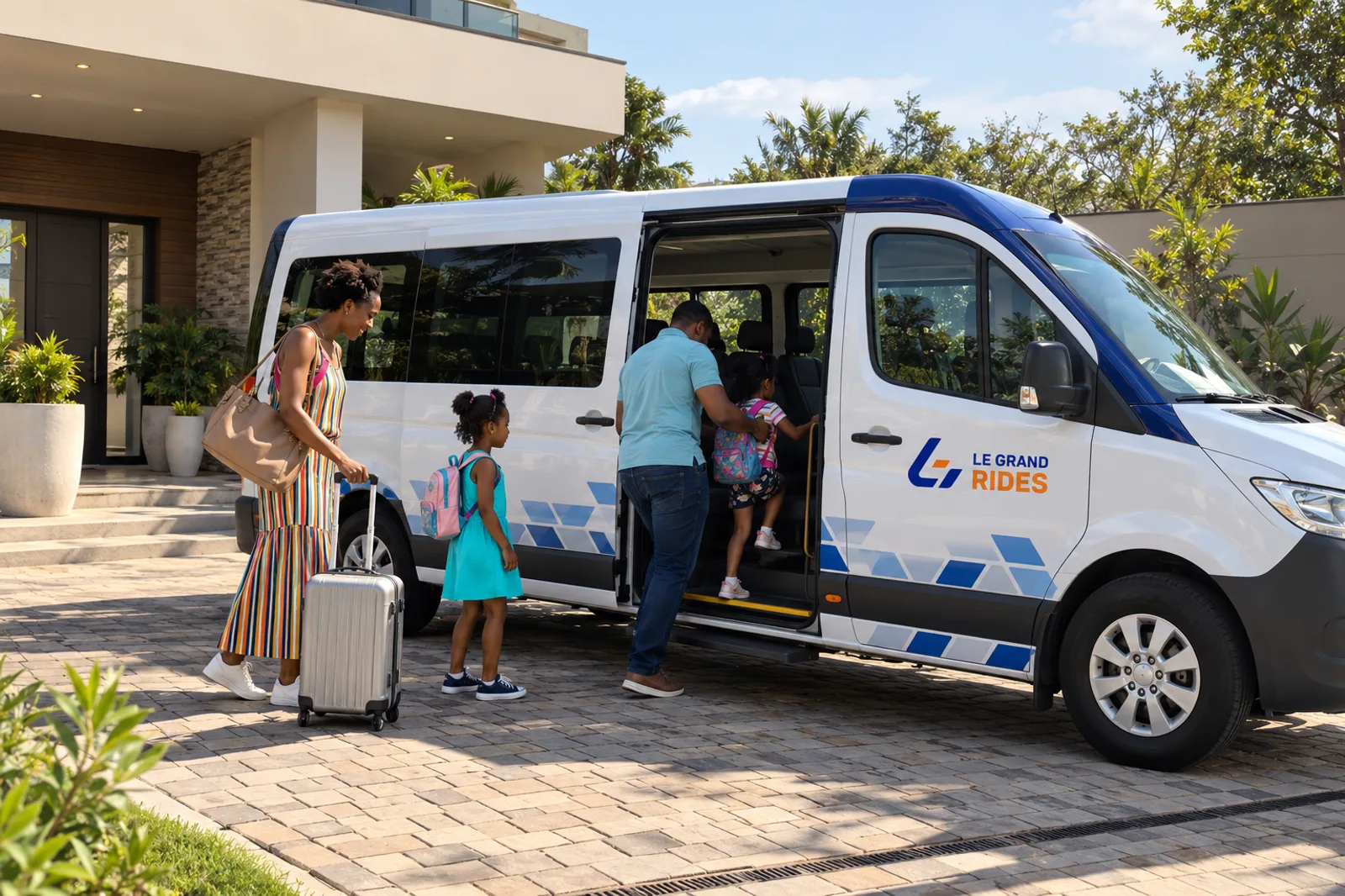 Gezin met bagage stapt in een Le Grand Rides-shuttle